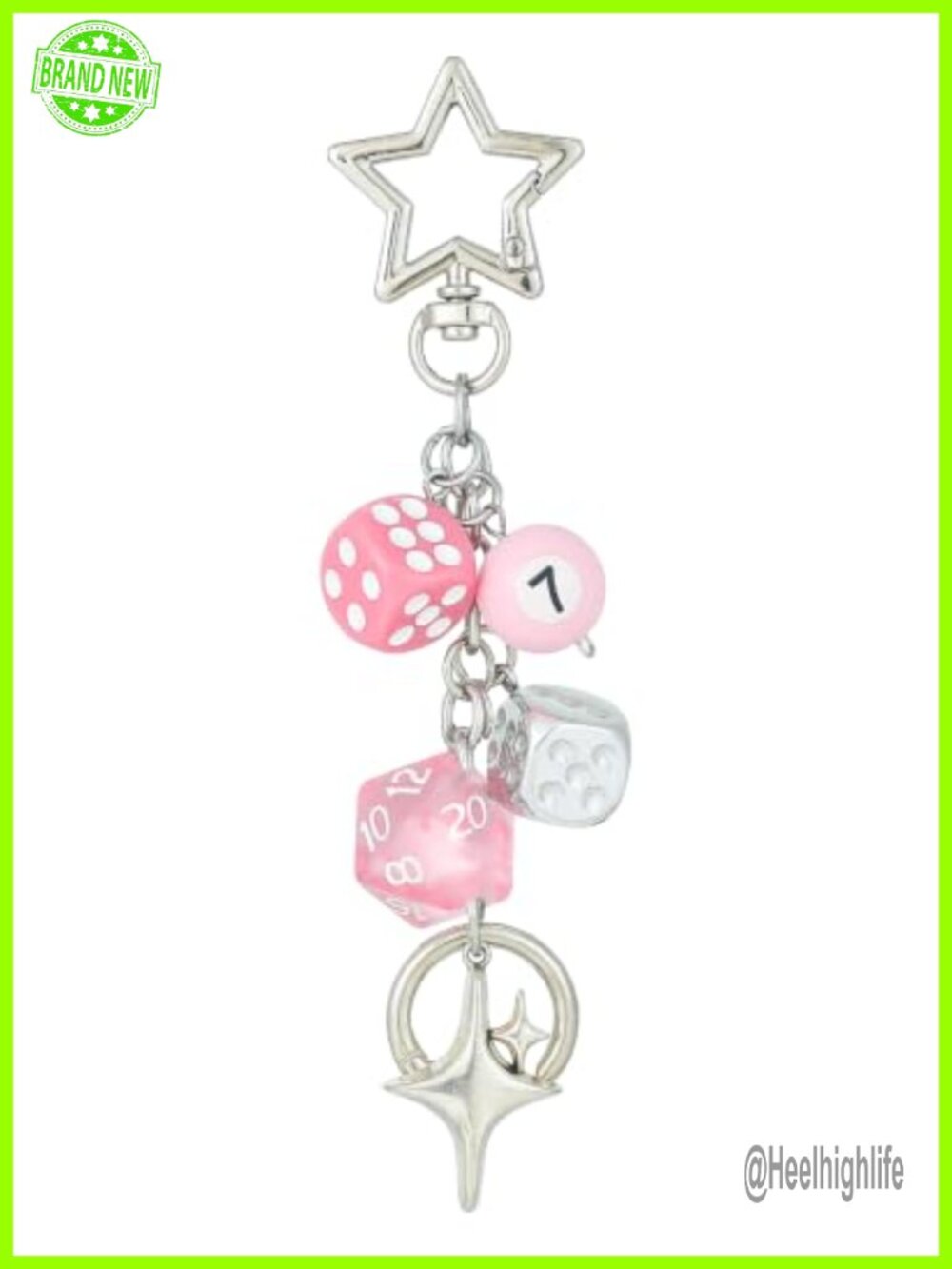 Goth Y2K Dice Star Keychain Bag Charm Pink Silver Alloy Resin